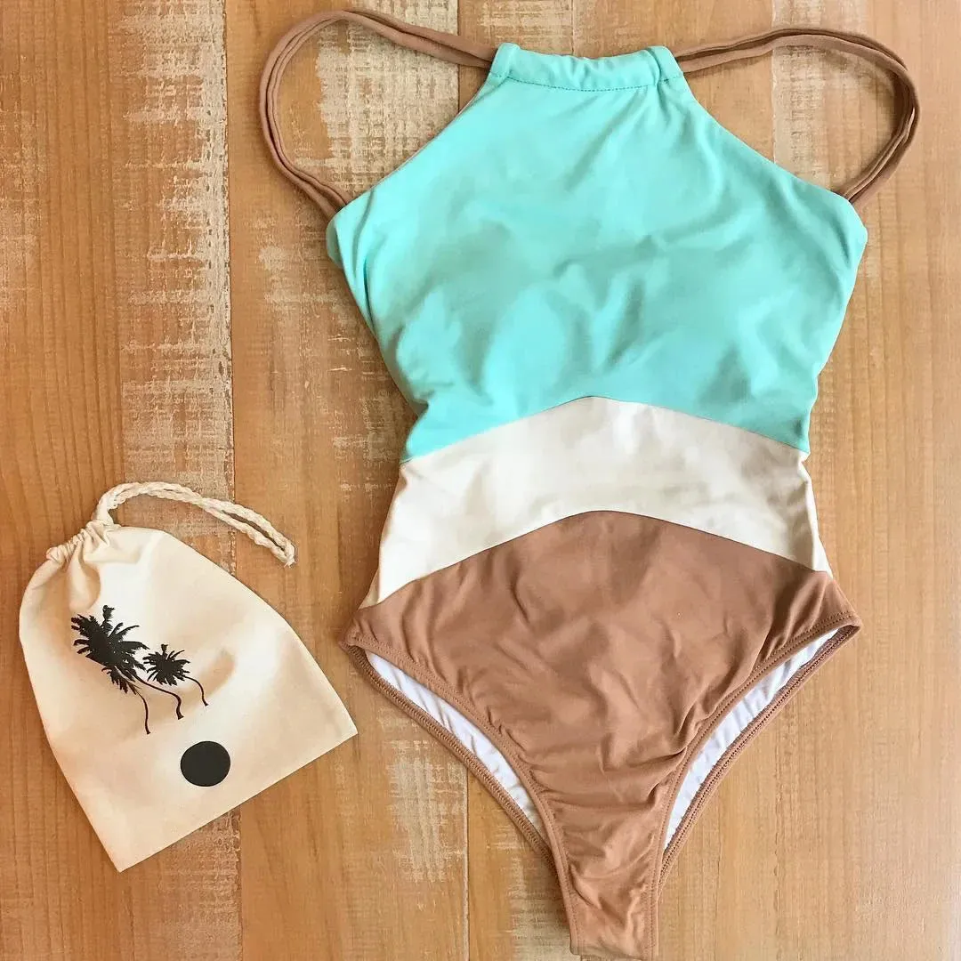 Halter Women's Color-Block Full Coverage Swimsuit