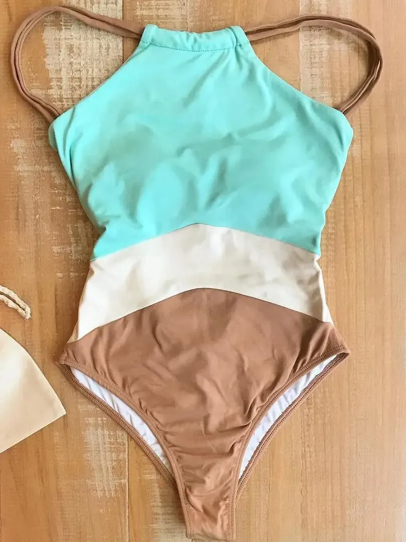 Halter Women's Color-Block Full Coverage Swimsuit