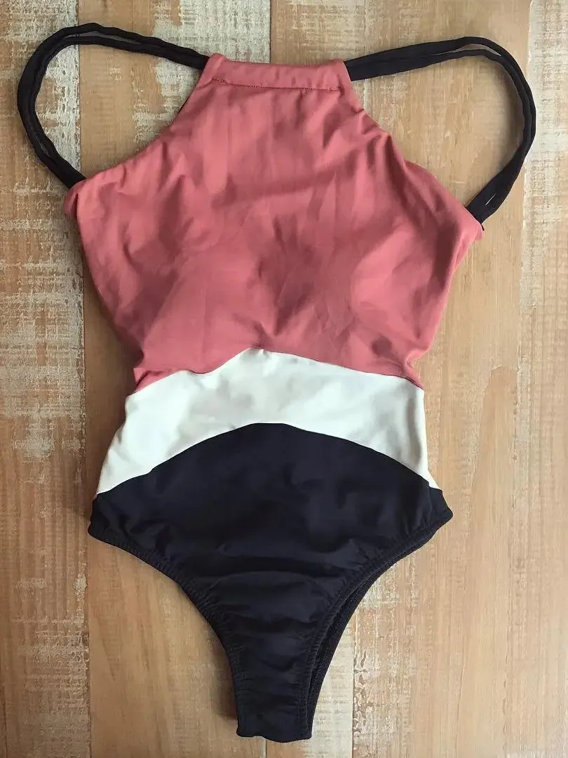Halter Women's Color-Block Full Coverage Swimsuit