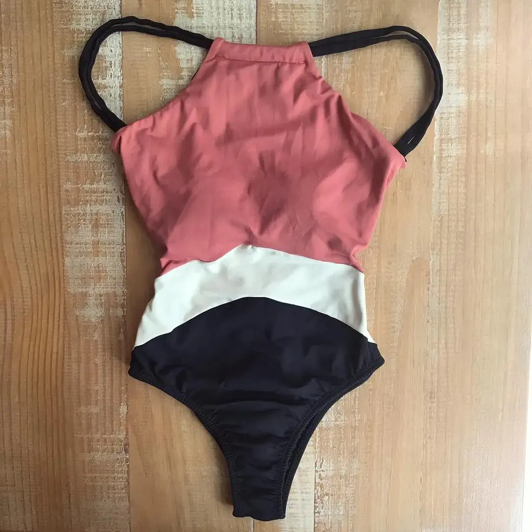 Halter Women's Color-Block Full Coverage Swimsuit