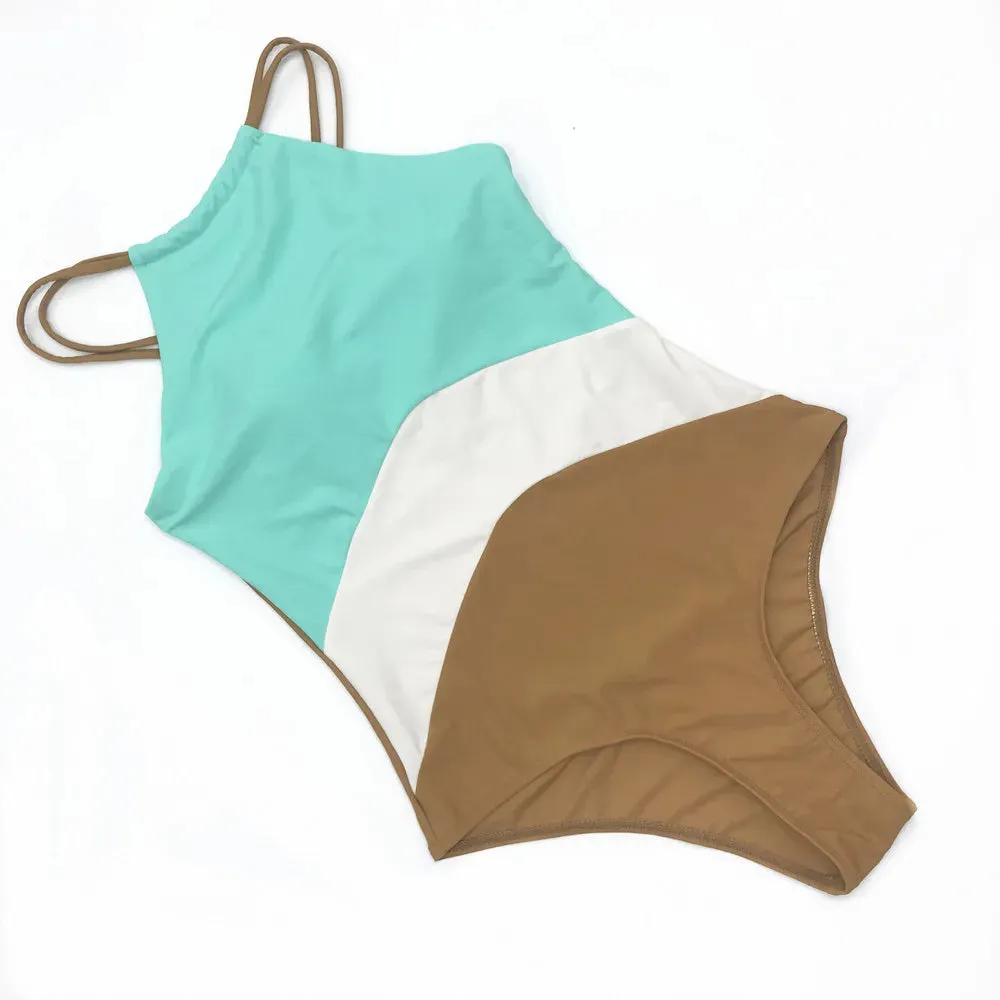 Halter Women's Color-Block Full Coverage Swimsuit