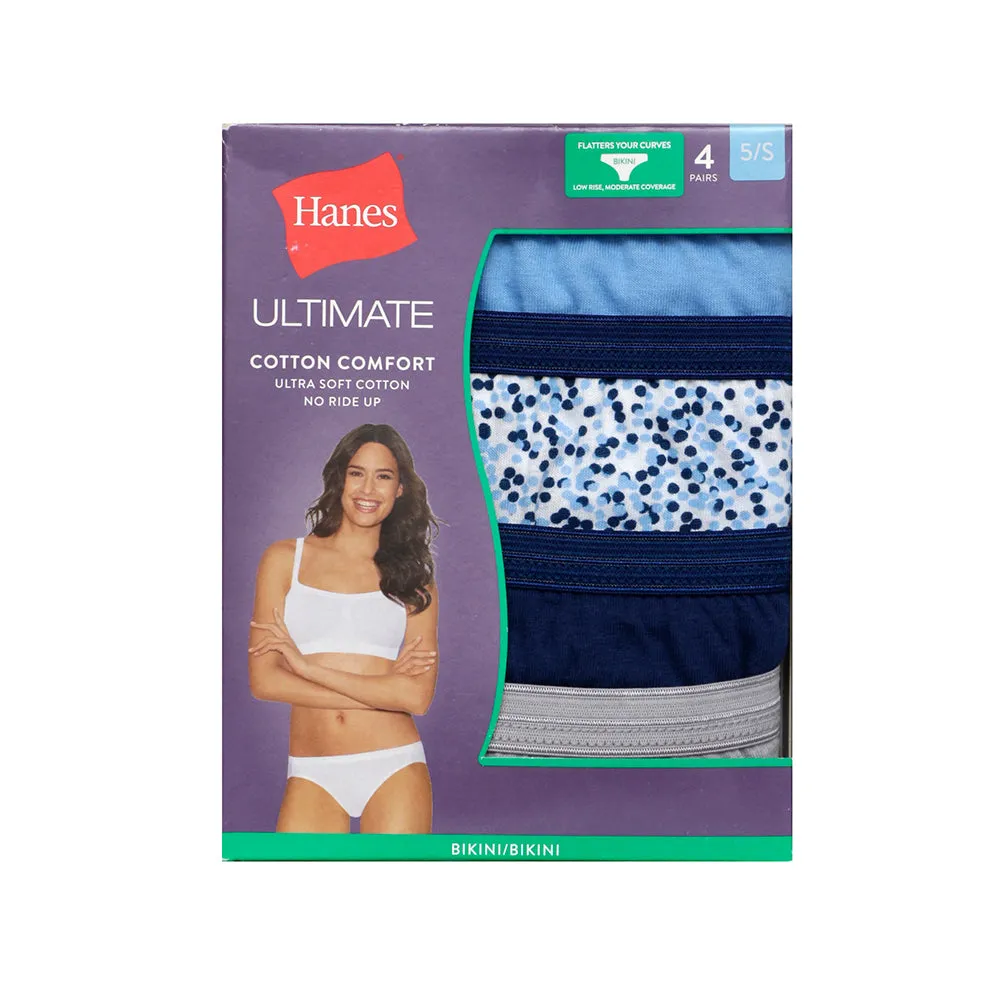 Hanes Women's 4 Pack Ultimate Cotton Comfort Low Rise Moderate Coverage Bikinis