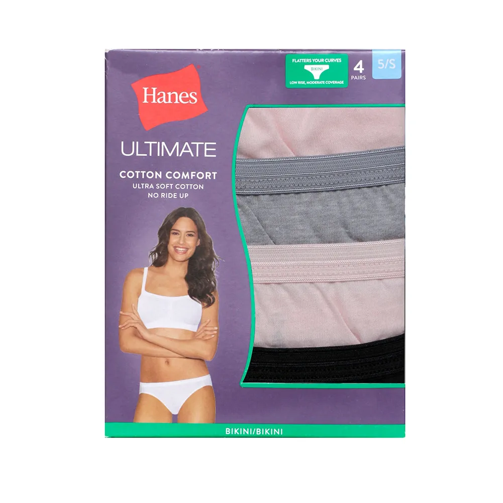 Hanes Women's 4 Pack Ultimate Cotton Comfort Low Rise Moderate Coverage Bikinis