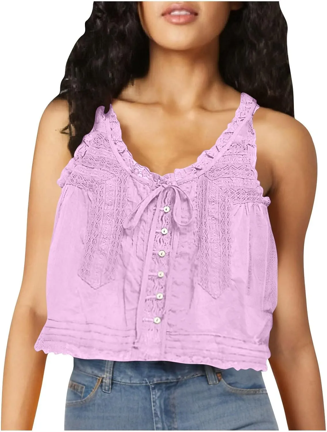 HGps8w Bow Tie Open Front Tank Top for Women Summer Embroidered Lace Trim Sleeveless V Neck Going Out Sexy Vest Crop Tops