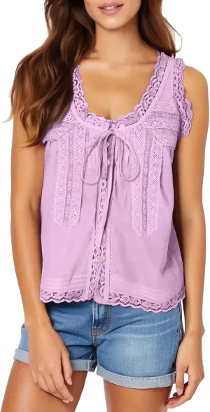 HGps8w Bow Tie Open Front Tank Top for Women Summer Embroidered Lace Trim Sleeveless V Neck Going Out Sexy Vest Crop Tops