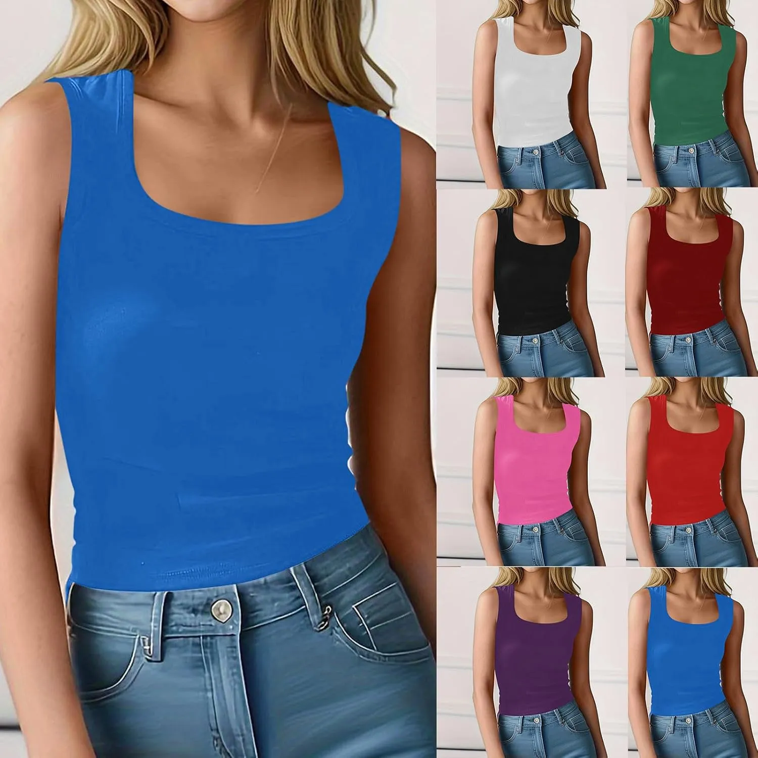 HGps8w Casual Tank Top for Women 2025 Summer Sleeveless Trendy U Neck Slim Fit Basic Solid Baselayer Tee Shirts