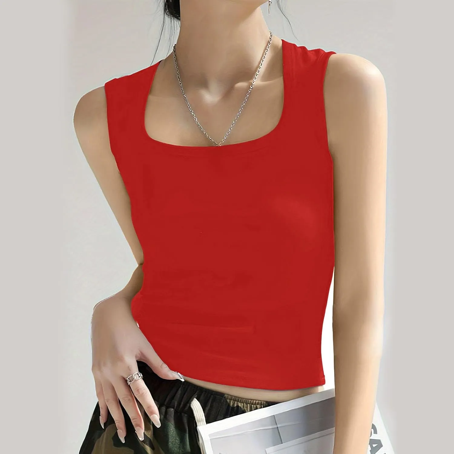 HGps8w Casual Tank Top for Women 2025 Summer Sleeveless Trendy U Neck Slim Fit Basic Solid Baselayer Tee Shirts