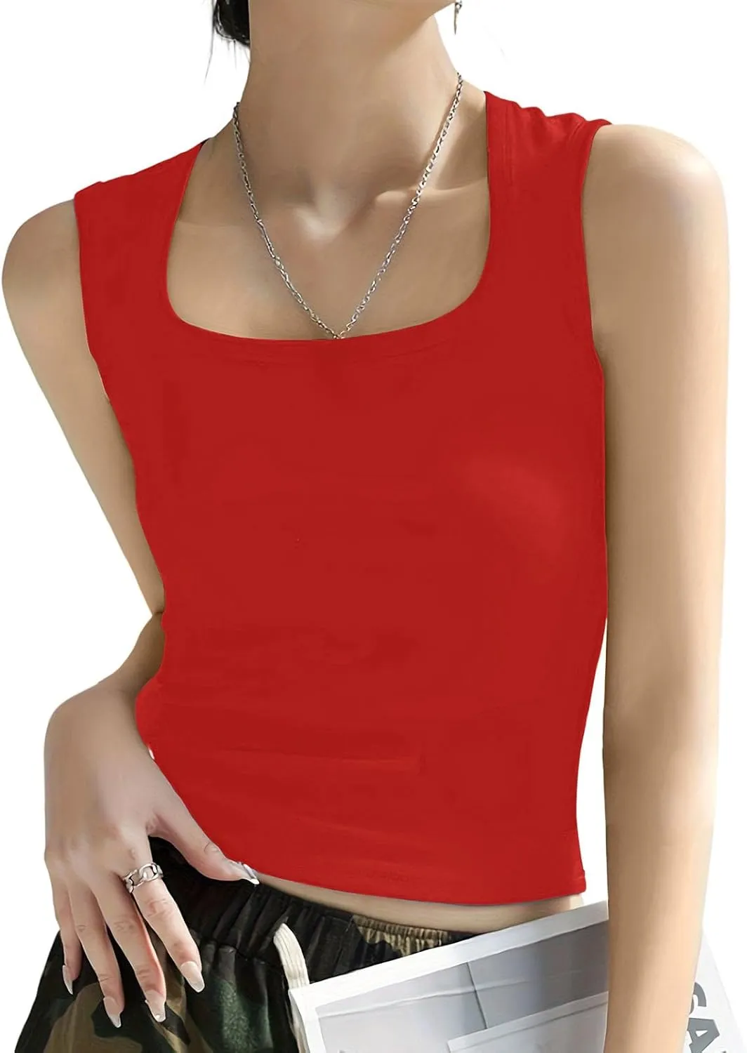 HGps8w Casual Tank Top for Women 2025 Summer Sleeveless Trendy U Neck Slim Fit Basic Solid Baselayer Tee Shirts