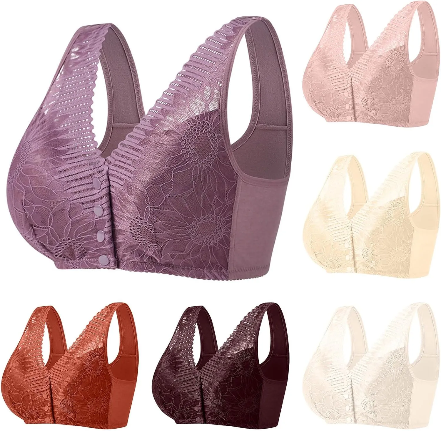 HGps8w Convenient Front Closure Bra for Women Plus Size Wireless Lace Bralette Padded Comfortable Wirefree Sleep Daily Bras