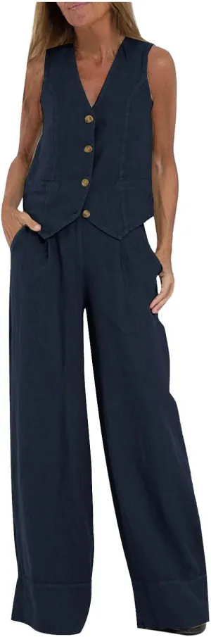 HGps8w Womens 2 Piece Outfits Cotton Linen Business Casual Sets V Neck Button Front Tank Tops Vest Pants Suits with Pockets