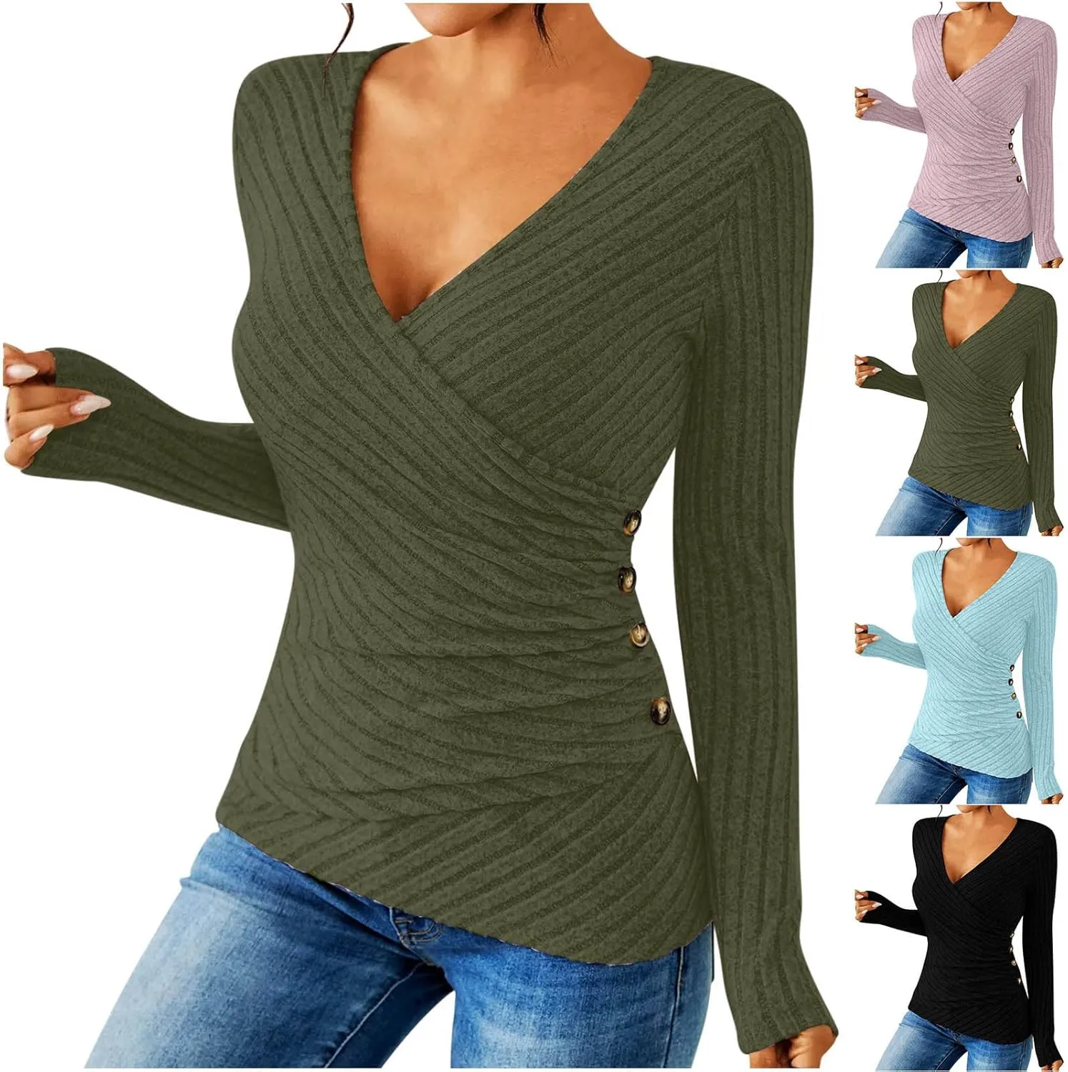 HGps8w Women's Long Sleeve Ribbed T-Shirt, Sexy Slim Fitted V Neck Wrap Ruched Blouses Pullover Business Casual Tunic Tops