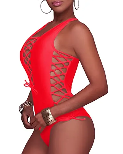 High Cut Cross Back One Piece Swimsuit For Curvy Women-Neon Red