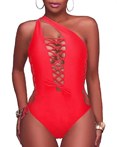 High Cut Cross Back One Piece Swimsuit For Curvy Women-Neon Red