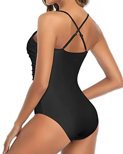 High Neck One Piece Swimsuit Tummy Control Bathing Suit Criss Cross Swimwear-Black