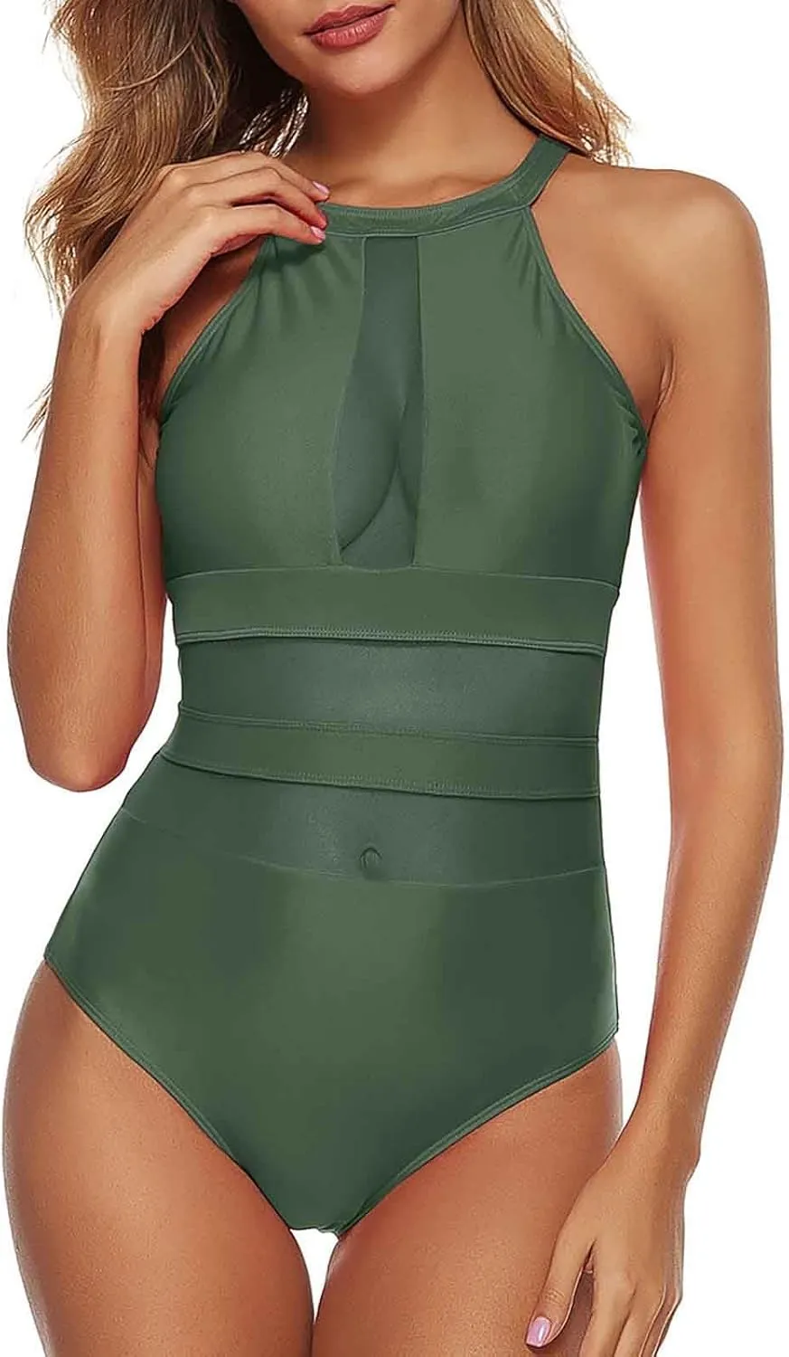 High Neck One Piece Swimsuit Women Mesh Tummy Control Bathing Suits Fashion Camisole Backless Swimwear for Beach Pool