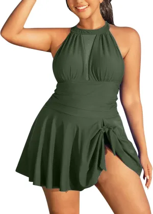 High Neck Swimsuits for Women One Piece Padded Backless Swimdress Skirted Long Torso Tummy Control Bathing Suit 2025