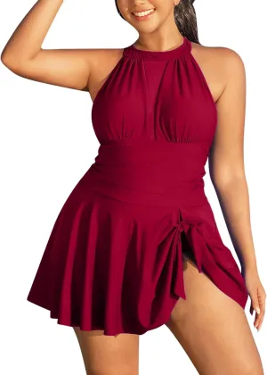 High Neck Swimsuits for Women One Piece Padded Backless Swimdress Skirted Long Torso Tummy Control Bathing Suit 2025