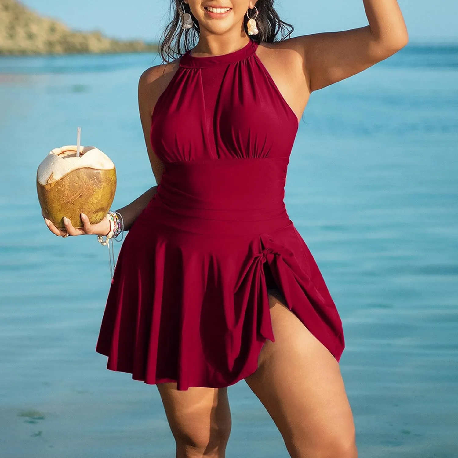 High Neck Swimsuits for Women One Piece Padded Backless Swimdress Skirted Long Torso Tummy Control Bathing Suit 2025