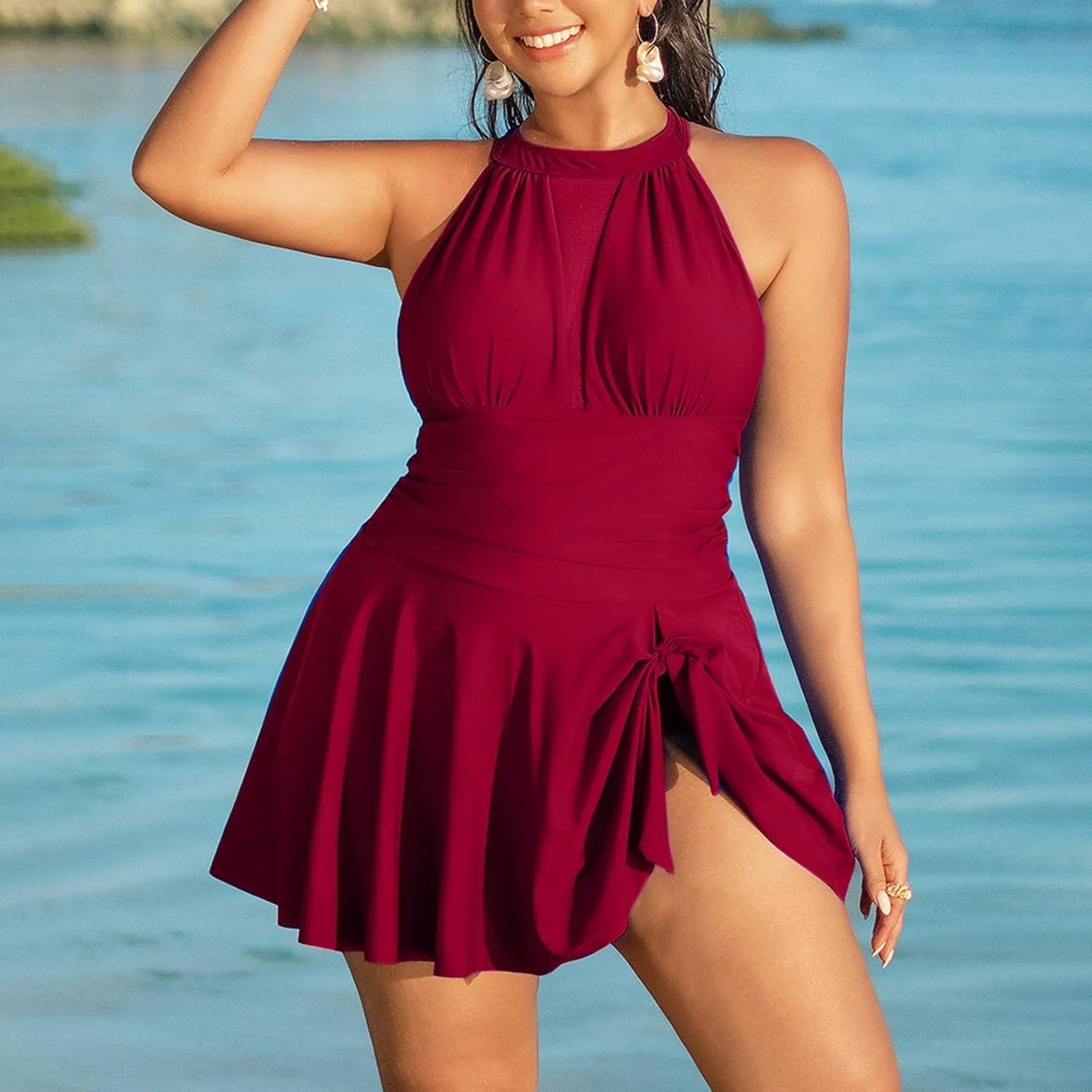 High Neck Swimsuits for Women One Piece Padded Backless Swimdress Skirted Long Torso Tummy Control Bathing Suit 2025