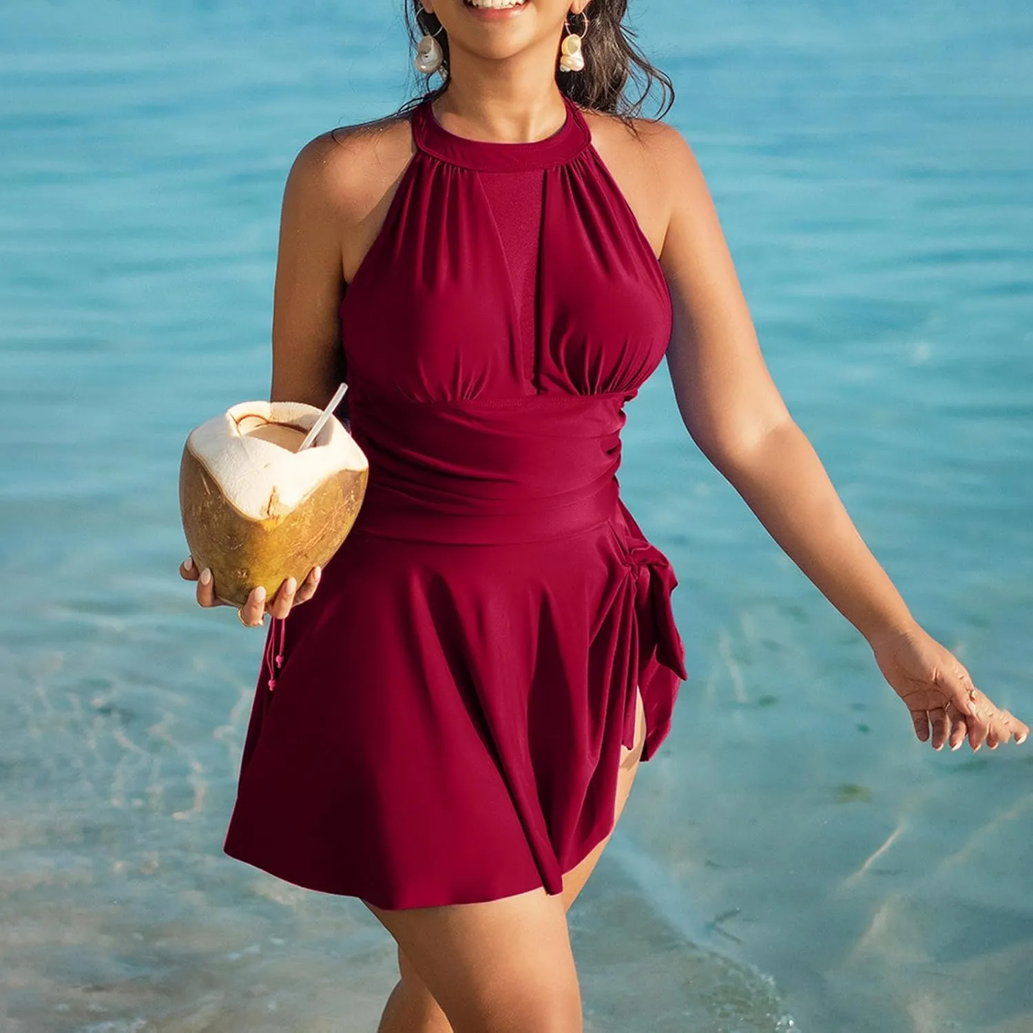 High Neck Swimsuits for Women One Piece Padded Backless Swimdress Skirted Long Torso Tummy Control Bathing Suit 2025