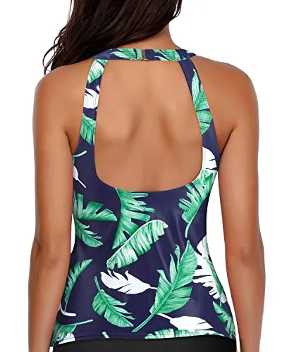 High Neck Tankini Top Bathing Suit Tops For Big Busted Women-Blue Leaf