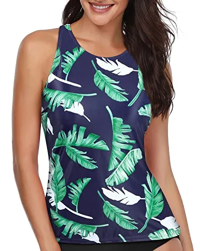 High Neck Tankini Top Bathing Suit Tops For Big Busted Women-Blue Leaf