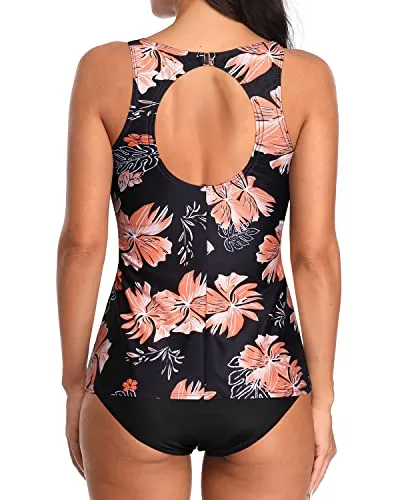 High Neck Tankini Top Tankini 2 Piece Swimsuits-Black Orange Floral