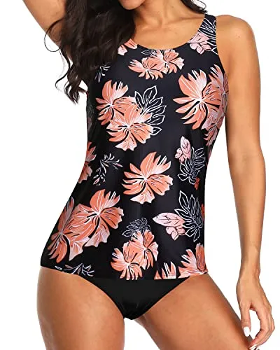 High Neck Tankini Top Tankini 2 Piece Swimsuits-Black Orange Floral
