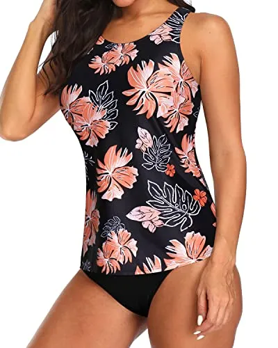 High Neck Tankini Top Tankini 2 Piece Swimsuits-Black Orange Floral