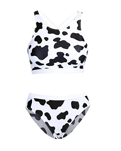 High Neck Two Piece Swimsuits Cutout Cross Back Bathing Suits-White Cow