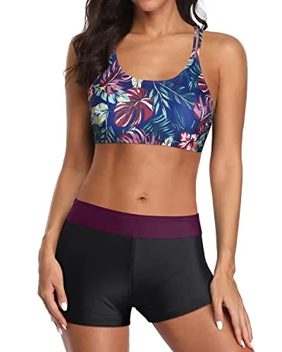 High Waisted 3 Piece Tankini Swimsuits For Women-Maroon Leaf