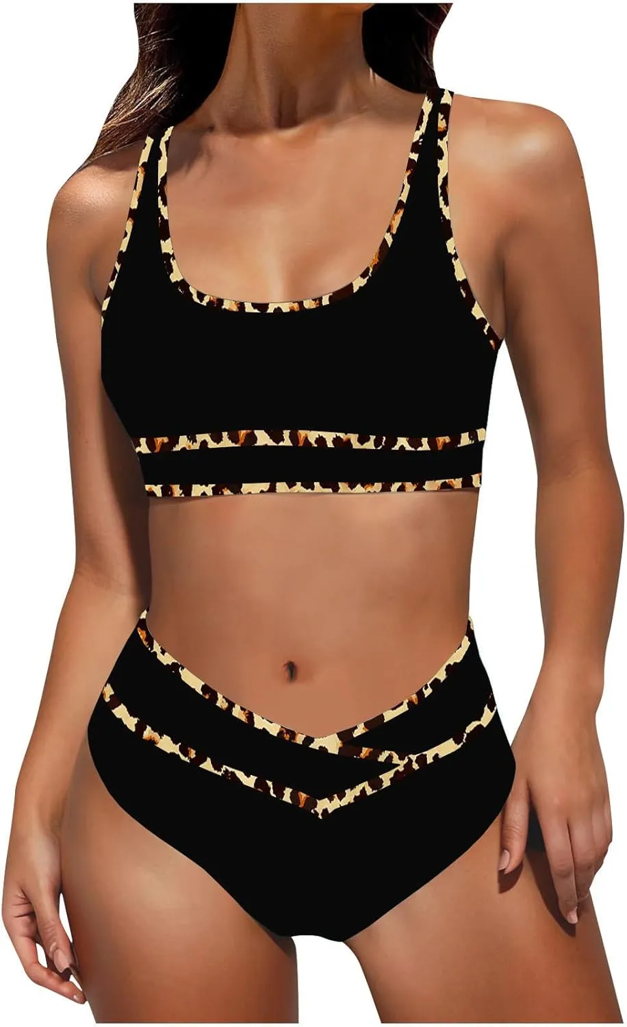 High Waisted Bikini Sets for Women 2025 Summer Tummy Control Color Block Bathing Suit Sporty Two Piece Swimsuits