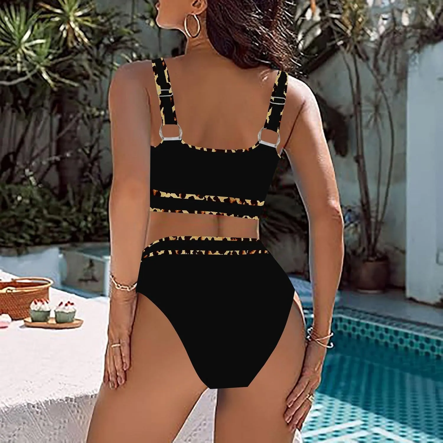 High Waisted Bikini Sets for Women 2025 Summer Tummy Control Color Block Bathing Suit Sporty Two Piece Swimsuits