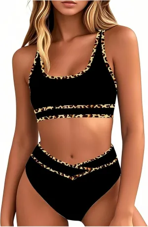 High Waisted Bikini Sets for Women 2025 Summer Tummy Control Color Block Bathing Suit Sporty Two Piece Swimsuits