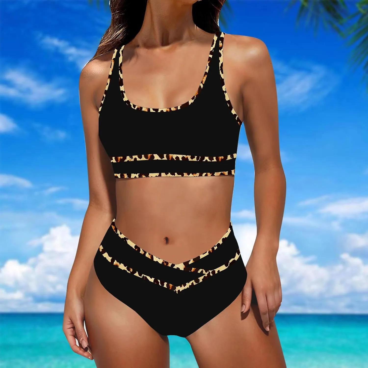 High Waisted Bikini Sets for Women 2025 Summer Tummy Control Color Block Bathing Suit Sporty Two Piece Swimsuits
