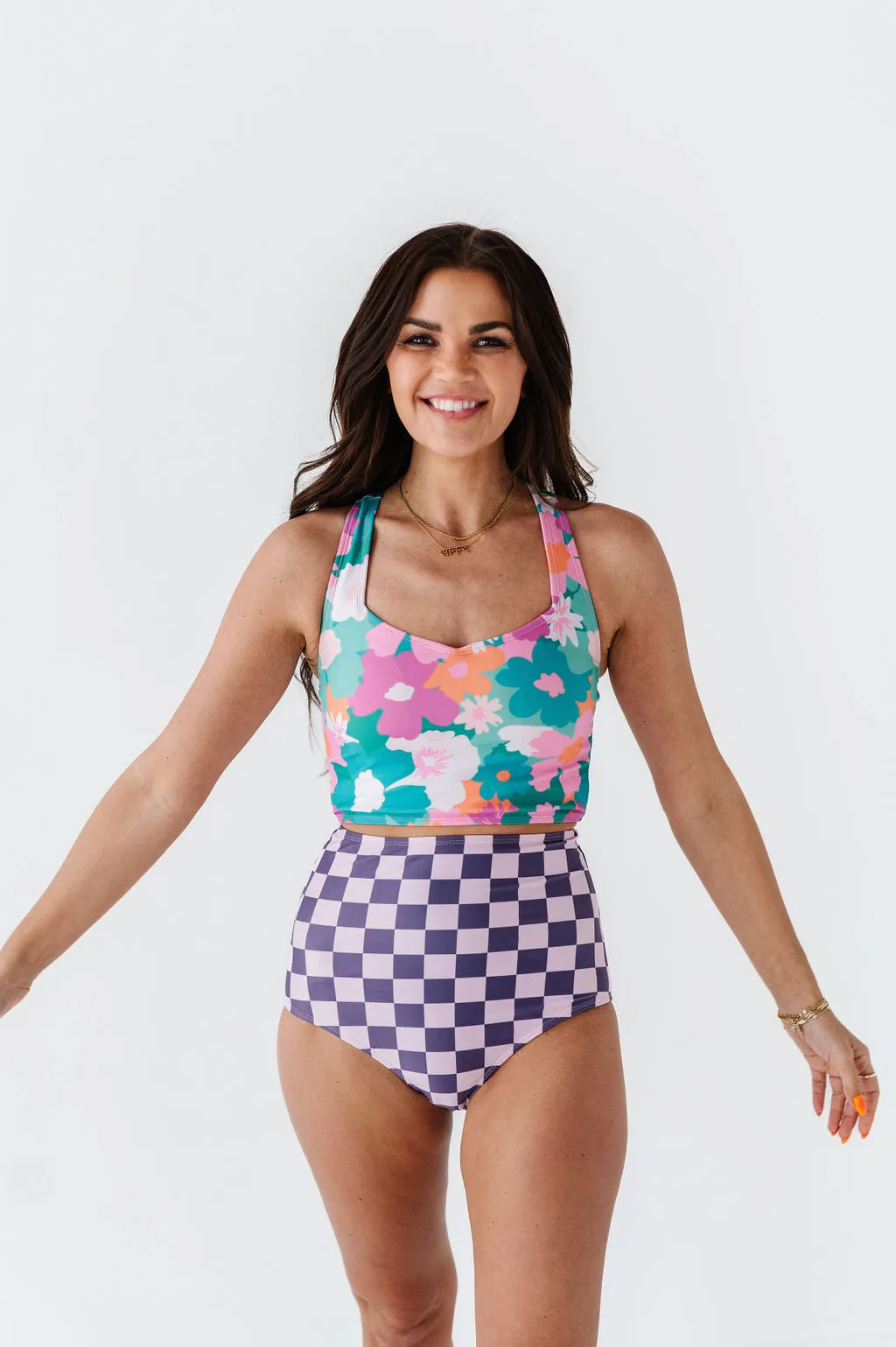 High Waisted Bottoms in Purple Check
