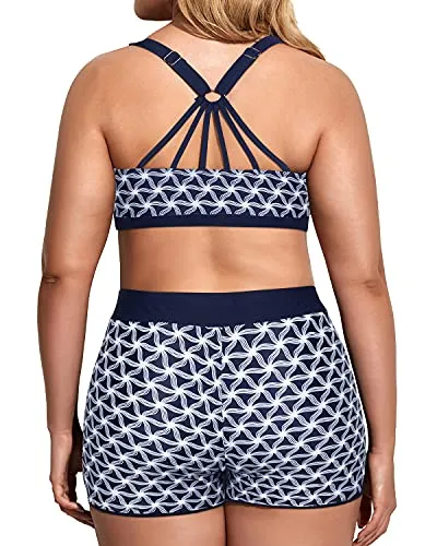 High Waisted Boy Shorts And Plus Size Sport Bra 3 Piece Swimsuits-Navy Blue Tribal
