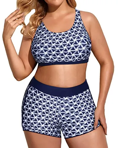 High Waisted Boy Shorts And Plus Size Sport Bra 3 Piece Swimsuits-Navy Blue Tribal