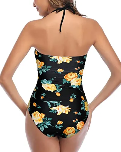 High Waisted Halter Front Tie Knot Retro High Waist Swimsuits-Black Floral