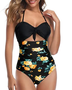 High Waisted Halter Front Tie Knot Retro High Waist Swimsuits-Black Floral