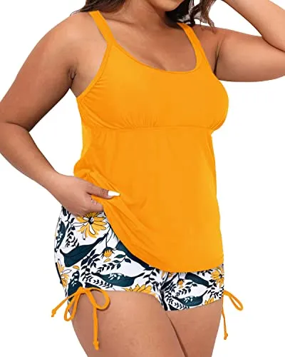 High Waisted Plus Size Swim Shorts Plus Size Swimwear For Women-Yellow Floral