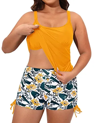 High Waisted Plus Size Swim Shorts Plus Size Swimwear For Women-Yellow Floral
