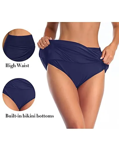 High Waisted Tummy Control Skirt Swimsuits For Women-Navy Blue