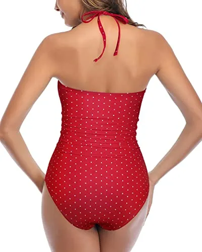 High Waisted Tummy Control Swimsuits Halter Backless One Piece Swimsuits-Red Dot