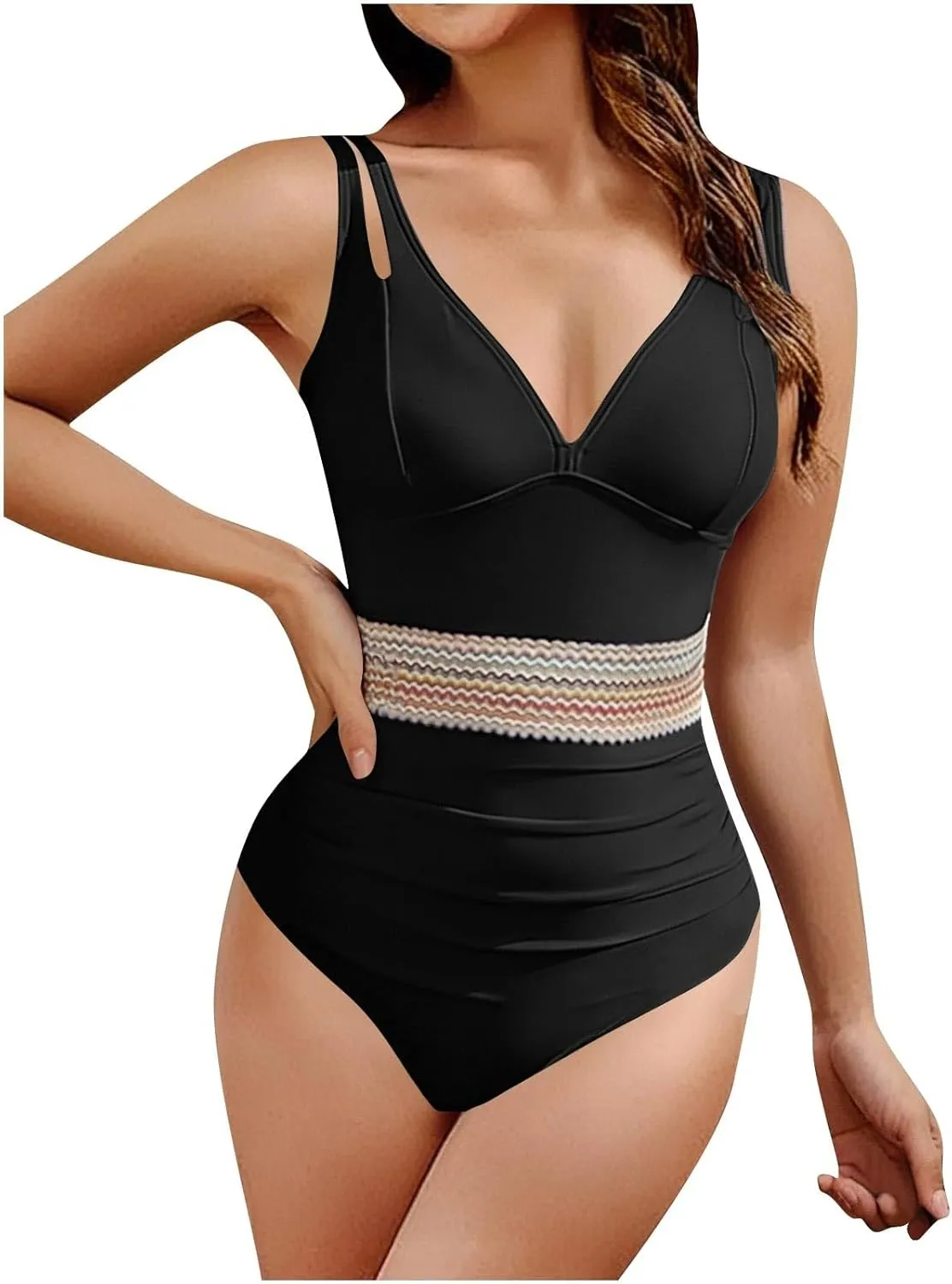hlysgo Sexy One Piece Swimsuit for Women Tummy Control Color Block V Neck Push Up Bathing Suit Modest Monokini Swimwear 2025