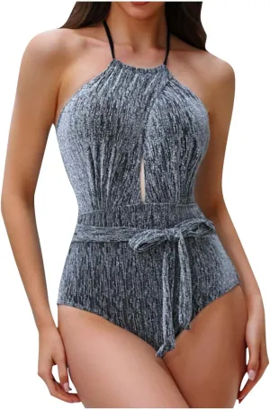 hlysgo Women's One Piece Swimsuit Hollow Out Halter Ruched Swimming Suit Tummy Control Bathing Suits Backless Monokinis