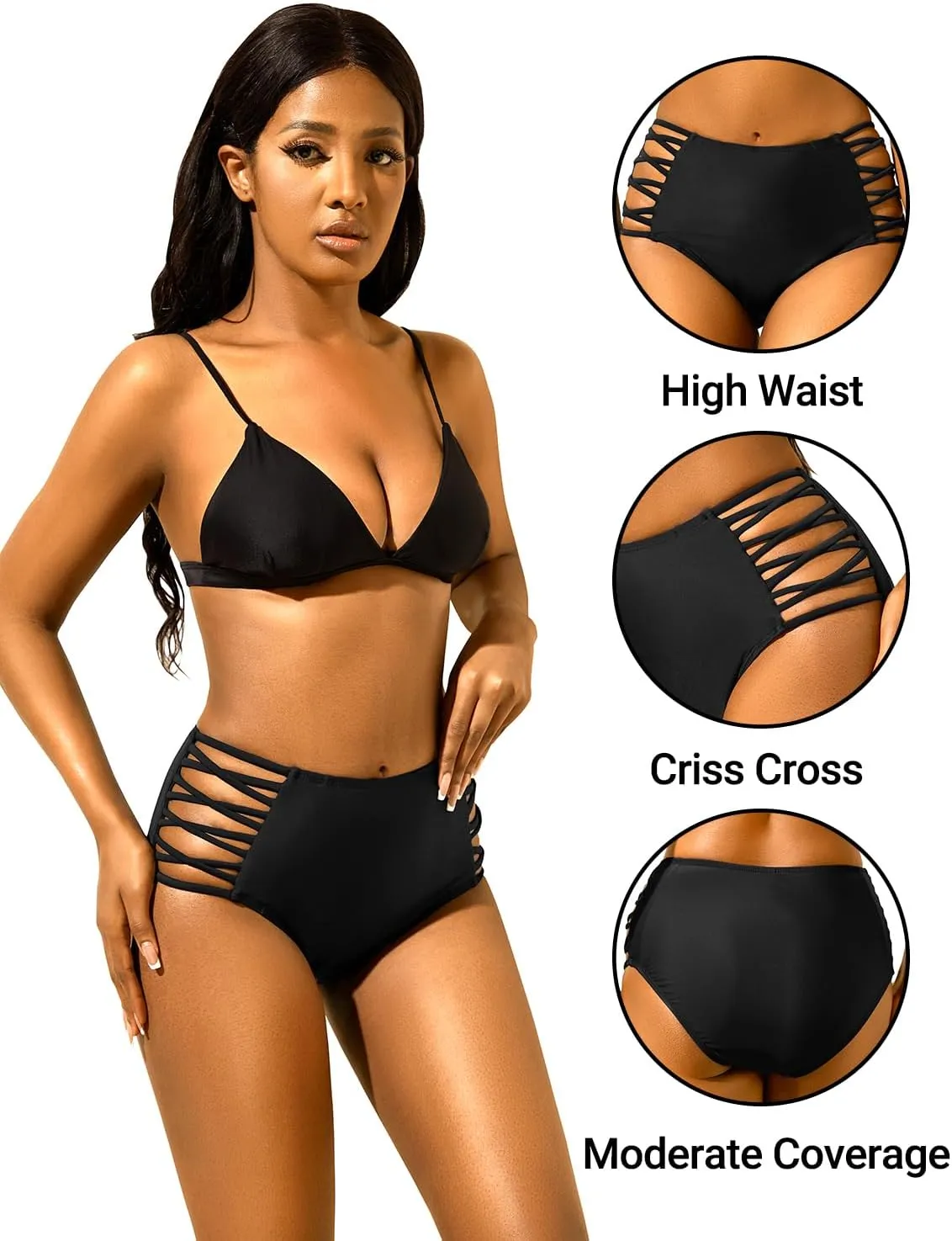 Holipick Women High Waisted Bikini Bottoms Tummy Control Swim Bottom Strappy Bathing Suit Bottom