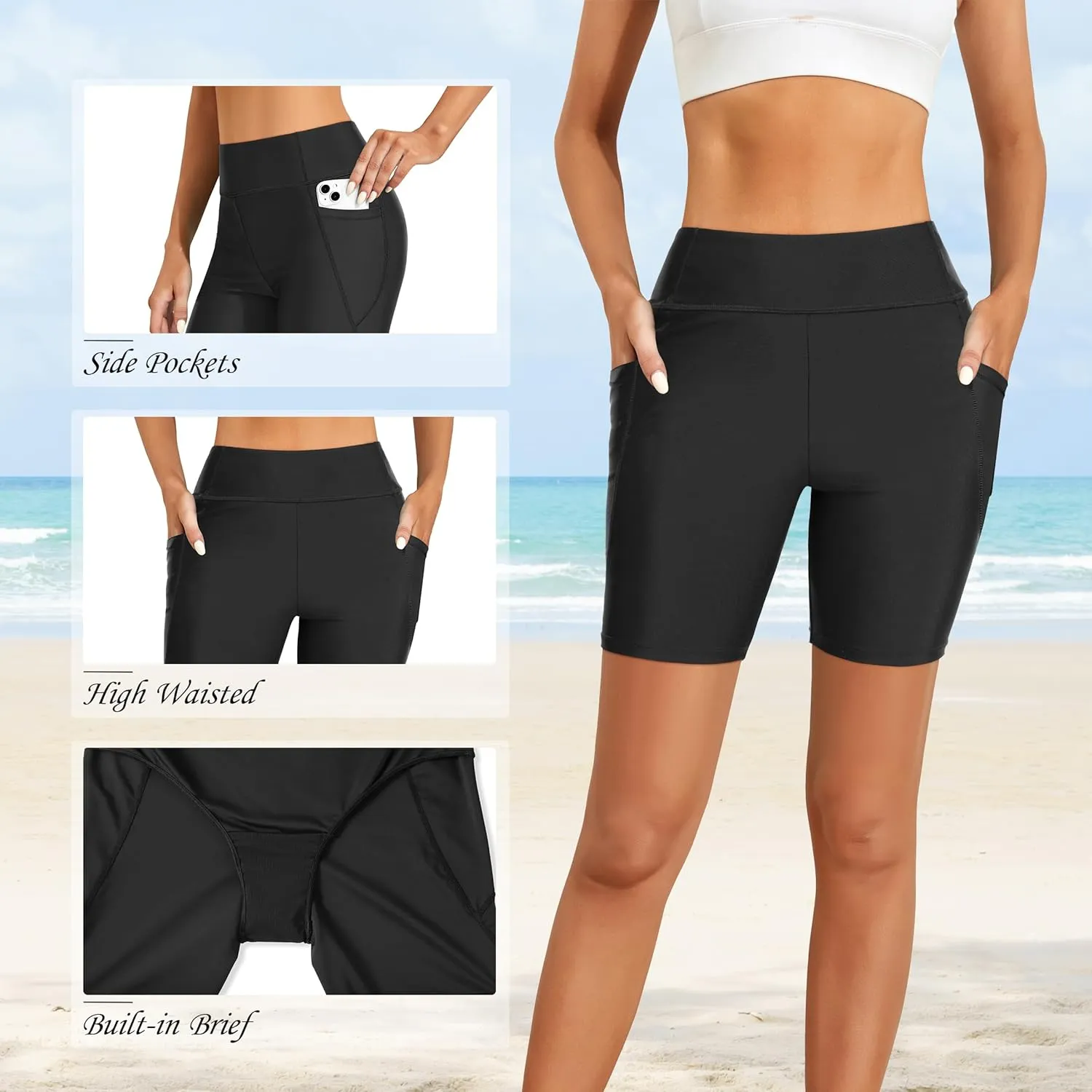 Holipick Women Plus Size Swim Shorts High Waisted Swim Bottoms with Pockets Tummy Control Boy Shorts