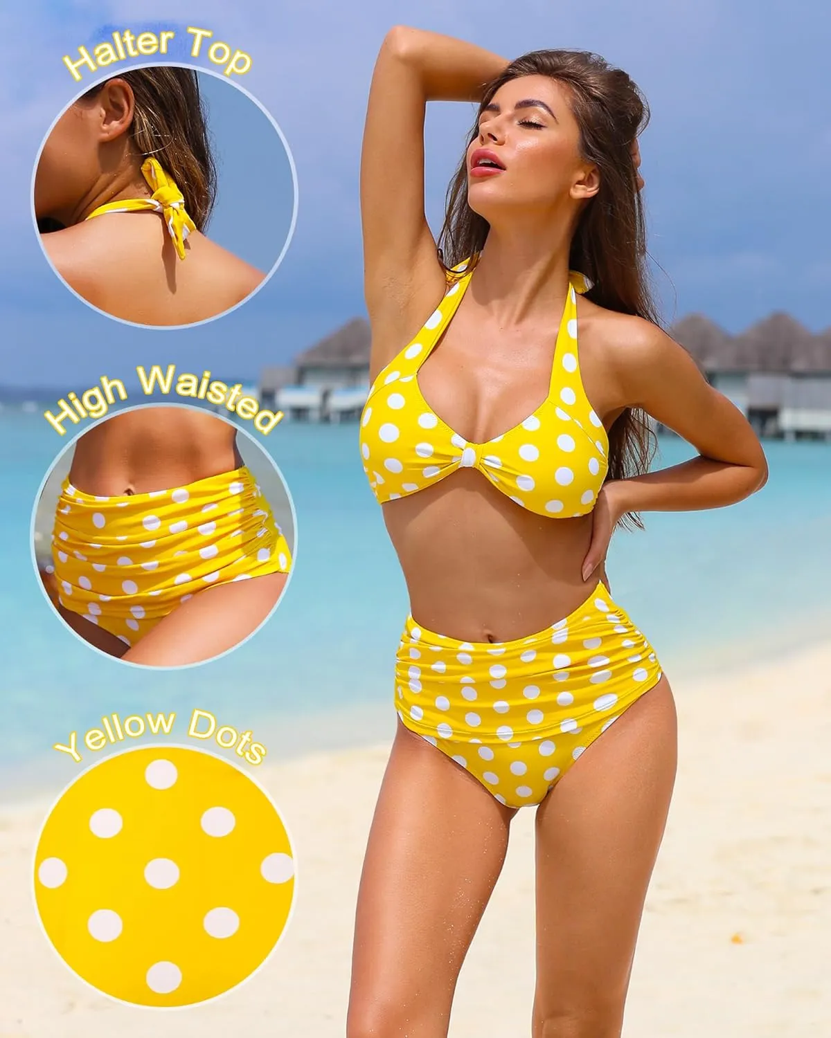 Honlyps Retro High Waist Swimsuit for Women Halter 2 Piece Bathing Suit Ruffle Bikini Set Tummy Control Dots Push Up Tankini