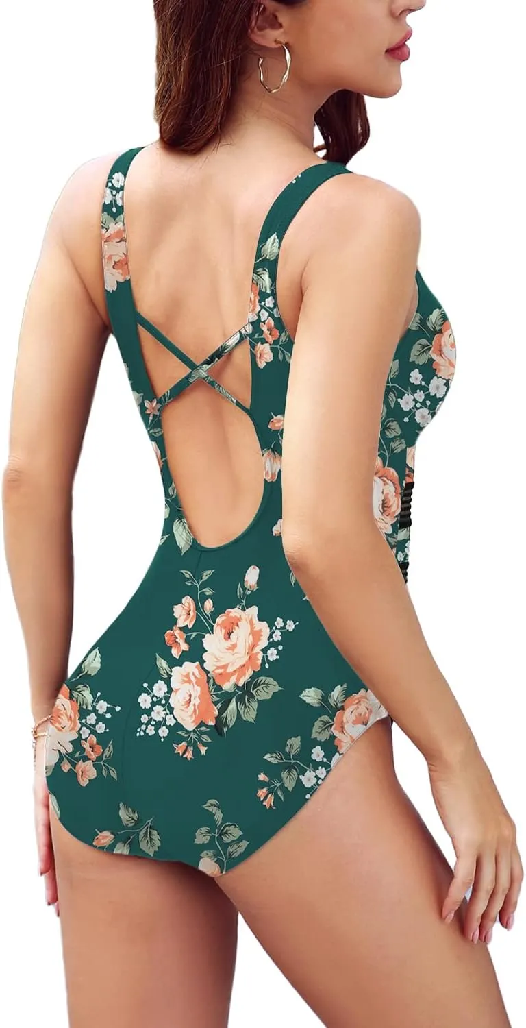 Husmeu Women's Tummy Control One Piece Swimsuits V Neck Mesh Monokini Swimwear Slimming Bathing Suit Plus Size